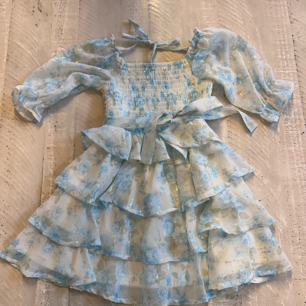 Floral Blue and White Tiered Dress
